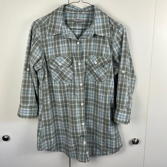 Carhartt Tops - Carhartt Women’s Shirt Medium 8/10 Green Blue Plaid 3/4 Sleeves Button Up